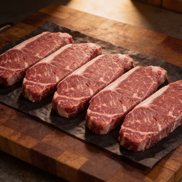 Premium NY Strip Box hero showing five raw New York strips arranged on butcher paper over a wood block.