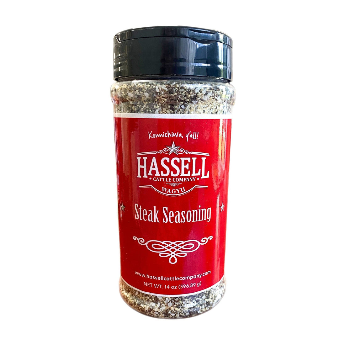 A bottle of Hassell Cattle Company Steak Seasoning, crafted to enhance the flavor of your favorite cuts of beef.