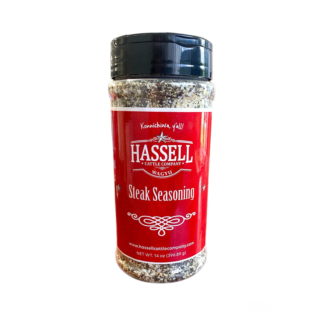 A bottle of Hassell Cattle Company Steak Seasoning, crafted to enhance the flavor of your favorite cuts of beef.