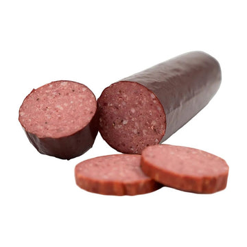 A Hassell Cattle Company summer sausage, showcasing the smoked, rich-colored sausage with a smooth surface, placed on a crisp white background