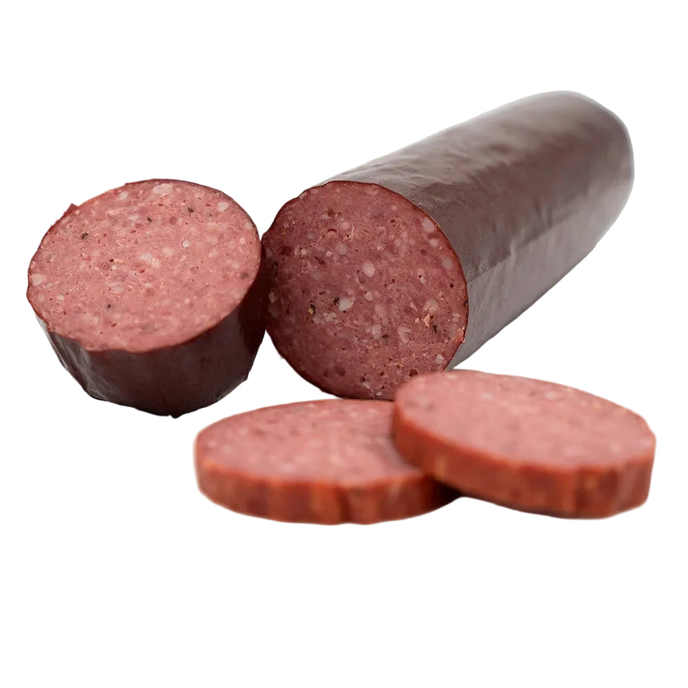 A Hassell Cattle Company summer sausage, showcasing the smoked, rich-colored sausage with a smooth surface, placed on a crisp white background