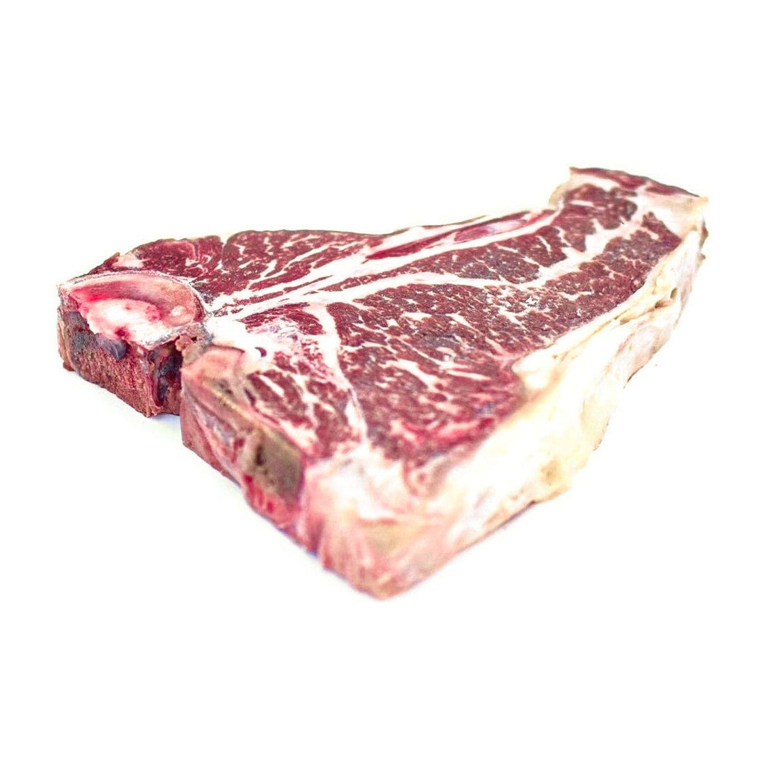 A thick, Hassell Cattle Company T-bone steak, showcasing its rich marbling and vibrant red color, placed on a clean, crisp white background.