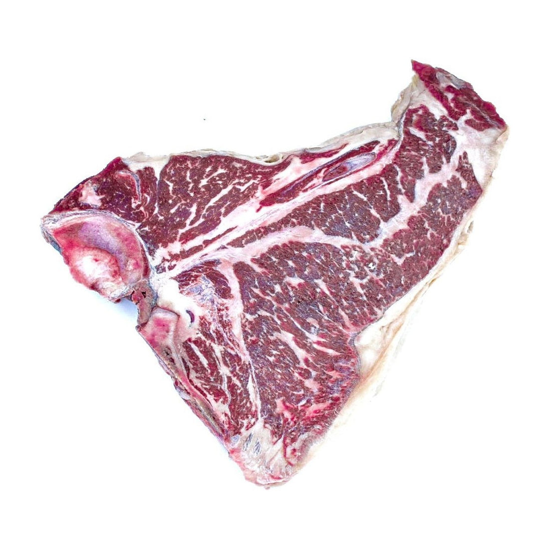 A thick, Hassell Cattle Company T-bone steak, showcasing its rich marbling and vibrant red color, placed on a clean, crisp white background.