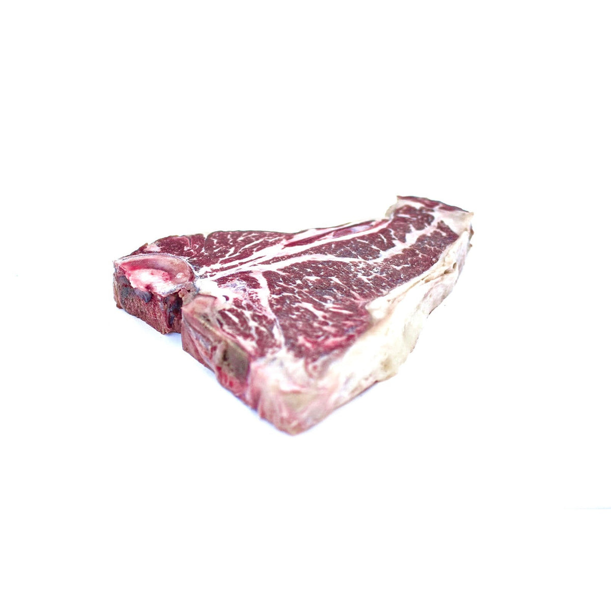 A thick, Hassell Cattle Company T-bone steak, showcasing its rich marbling and vibrant red color, placed on a clean, crisp white background.