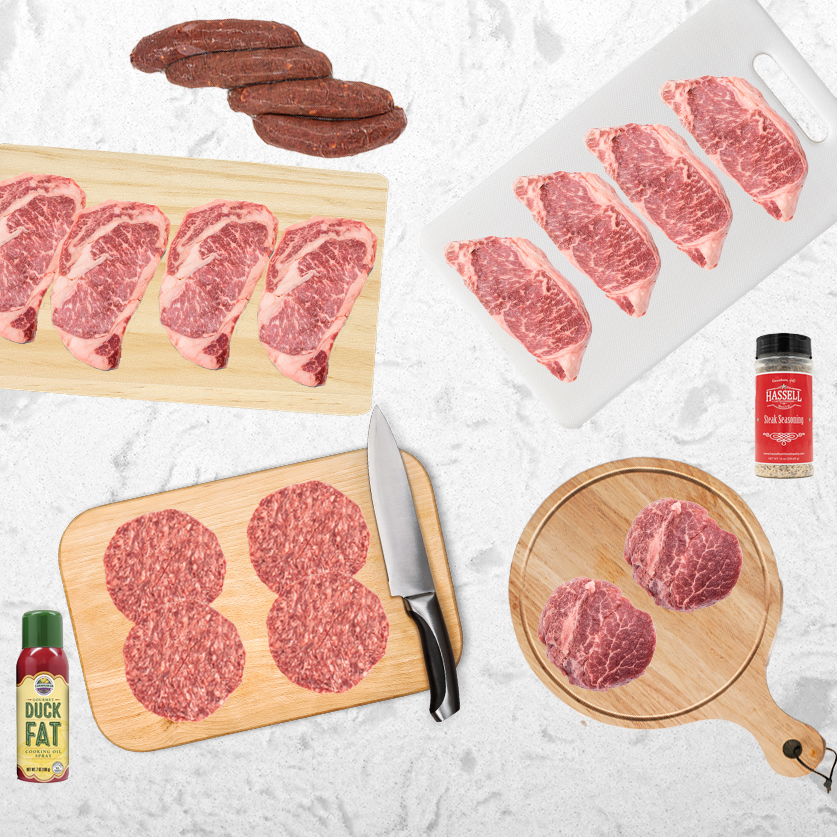 Hassell Cattle Company's Big Adventure Pack, a variety of premium cuts and flavors, perfect for any grilling enthusiast or outdoor adventure.