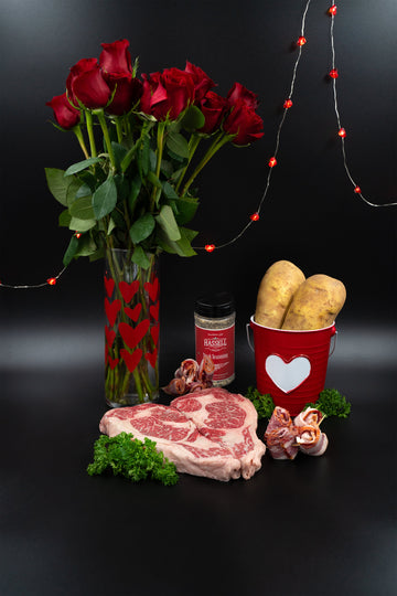 Heart-shaped Wagyu ribeye steak from Hassell Cattle Company, beautifully marbled and rich in flavor, perfect for a romantic gourmet meal.