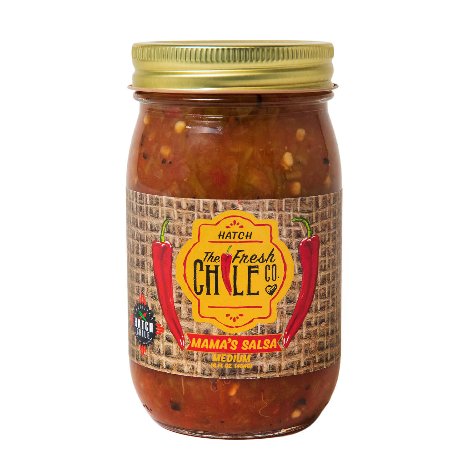 Fresh Chile Company's Mama's Salsa in a jar, showcasing its vibrant, rich color and authentic homemade flavor.