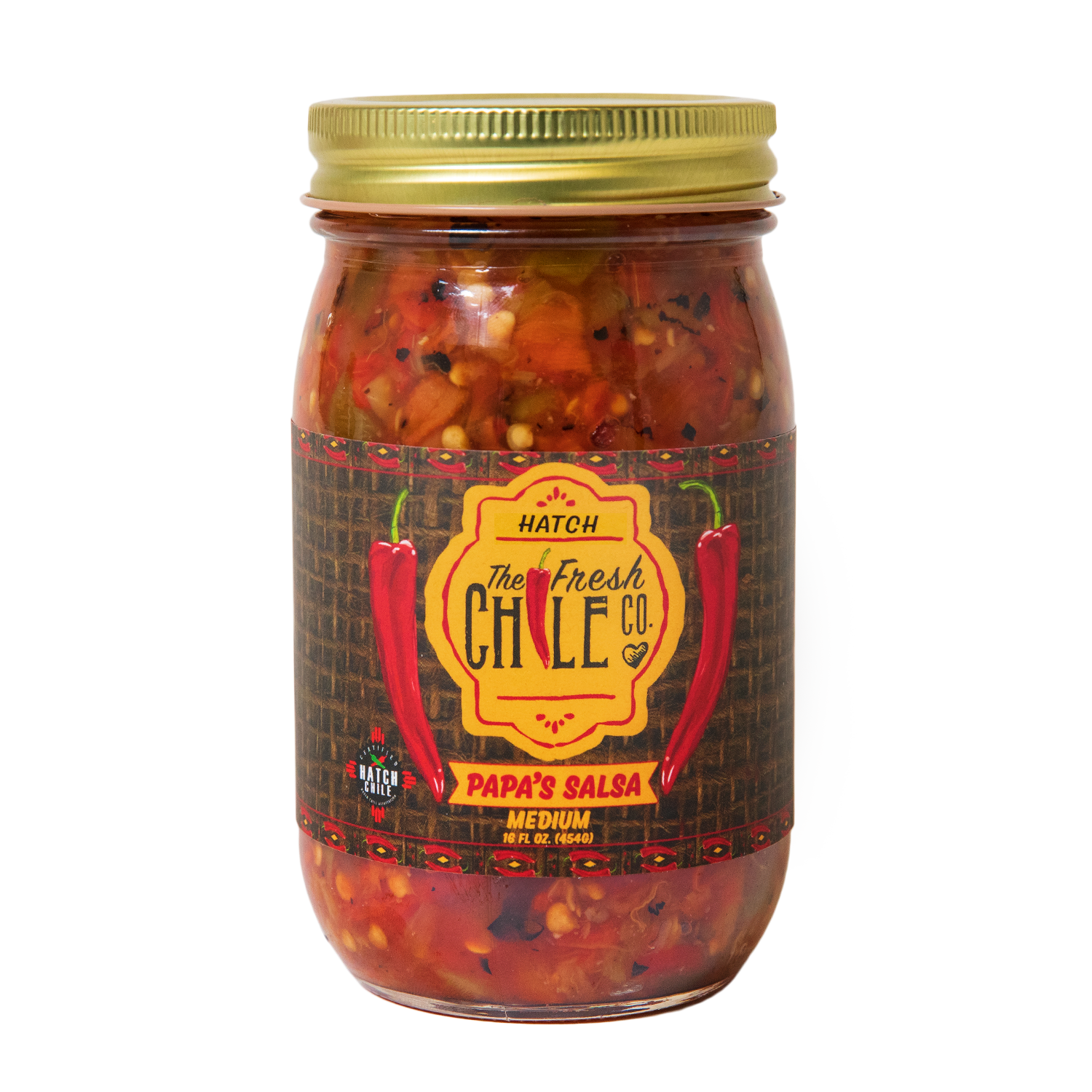 Jars of Fresh Chile Company Papas Salsa in mild and medium, featuring a vibrant blend of fresh ingredients perfect for dipping or topping.