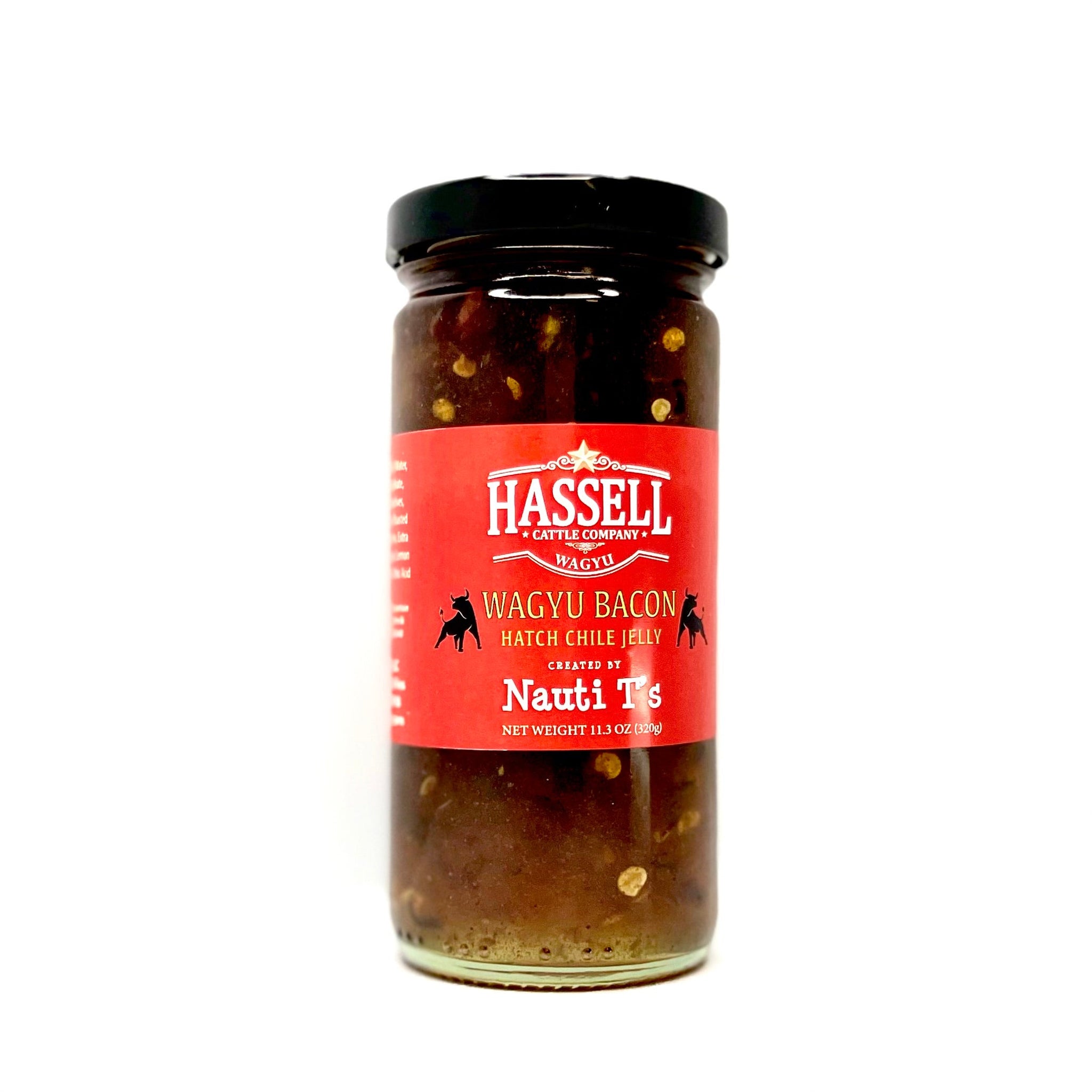 Wagyu Bacon Hatch Chile Jelly jar, showcasing a rich blend of savory bacon, smoky hatch chiles, and a hint of sweetness, perfect for pairing with meats or as a spread.