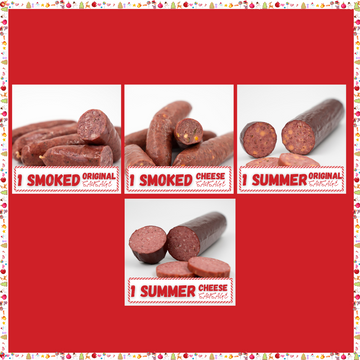 A variety pack of delicious sausages from Hassell Cattle Company, including Original Smoked Sausage, Jalapeno Cheese Smoked Sausage, Original Summer Sausage, and Jalapeno Cheese Summer Sausage.