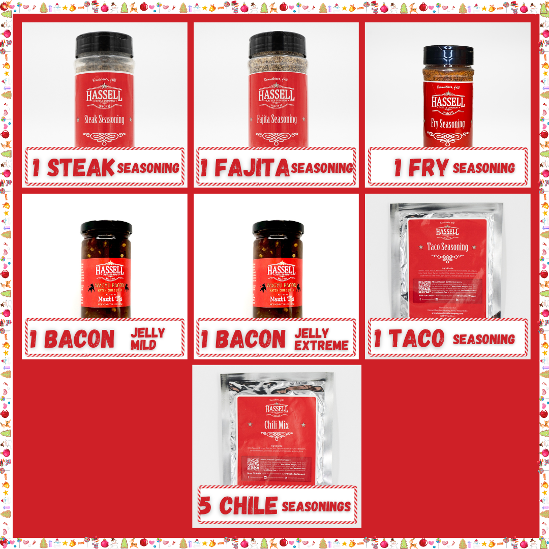 A flavorful assortment of seasonings and jellies from Hassell Cattle Company, perfect for adding bold taste to your favorite dishes.
