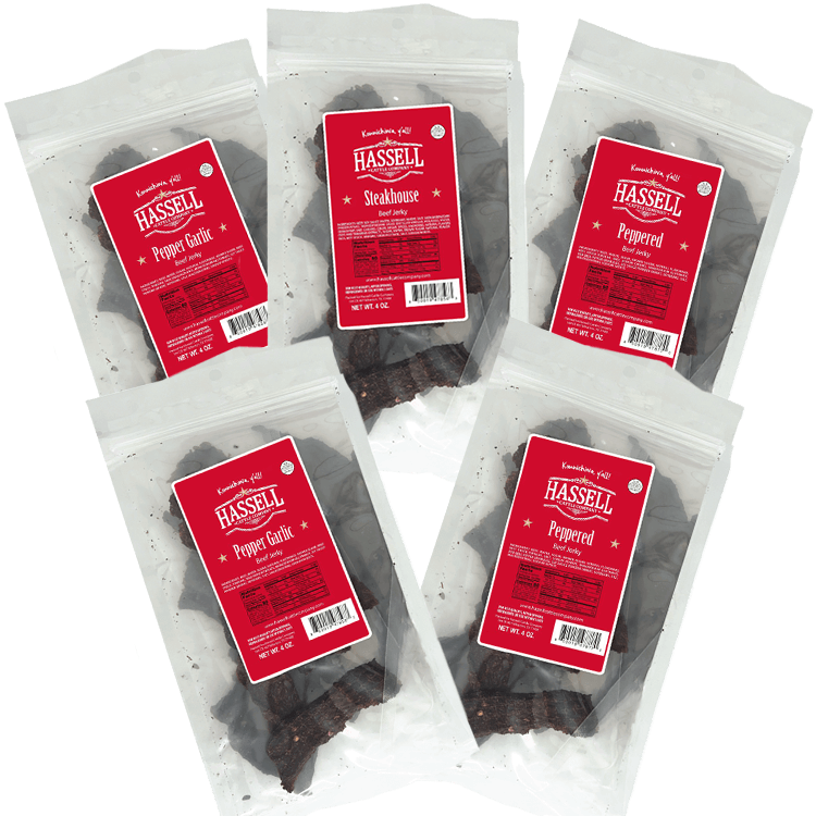 A 5-pack of Hassell Cattle Company premium beef jerky, featuring assorted flavors for a delicious and high-protein snack option.