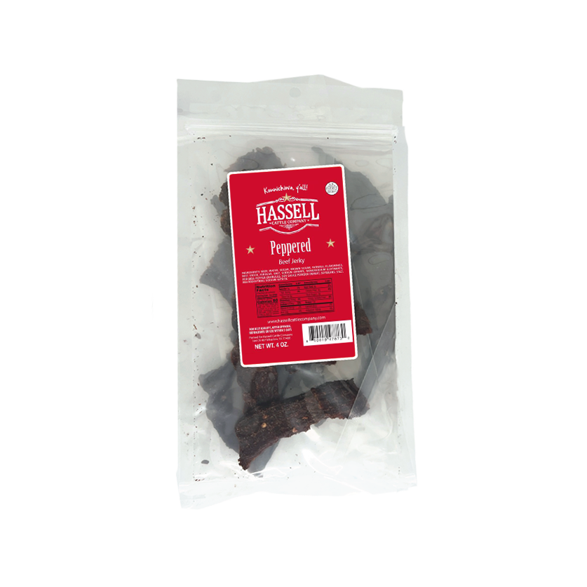 Premium beef jerky from Hassell Cattle Company, available in various flavors including peppered, pepper garlic, and steakhouse, offering a tender, flavorful snack perfect for on-the-go.