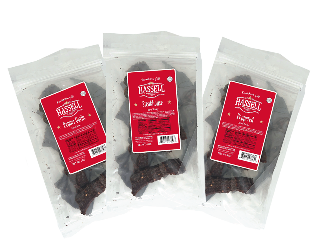 3 pack premium beef jerky from Hassell Cattle Company, three flavors included peppered, pepper garlic, and steakhouse, offering a tender, flavorful snack perfect for on-the-go.