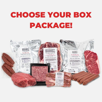 Select your ideal box package from Hassell Cattle Company, featuring a variety of premium cuts, perfect for stocking up or gifting.